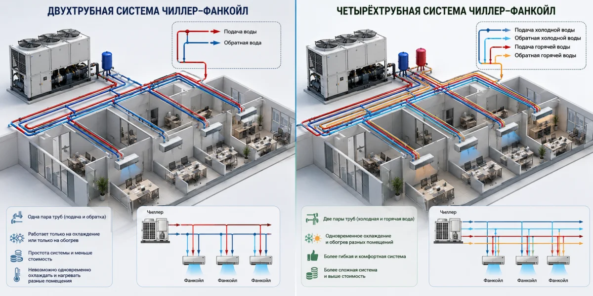 Двухтрубная и четырёхтрубная система чиллер–фанкойл
